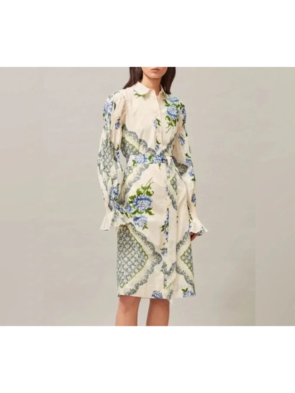 NEW, Tory Burch Long Sleeve Floral Print Cotton Shirt Midi Dress size 4 #MD2214